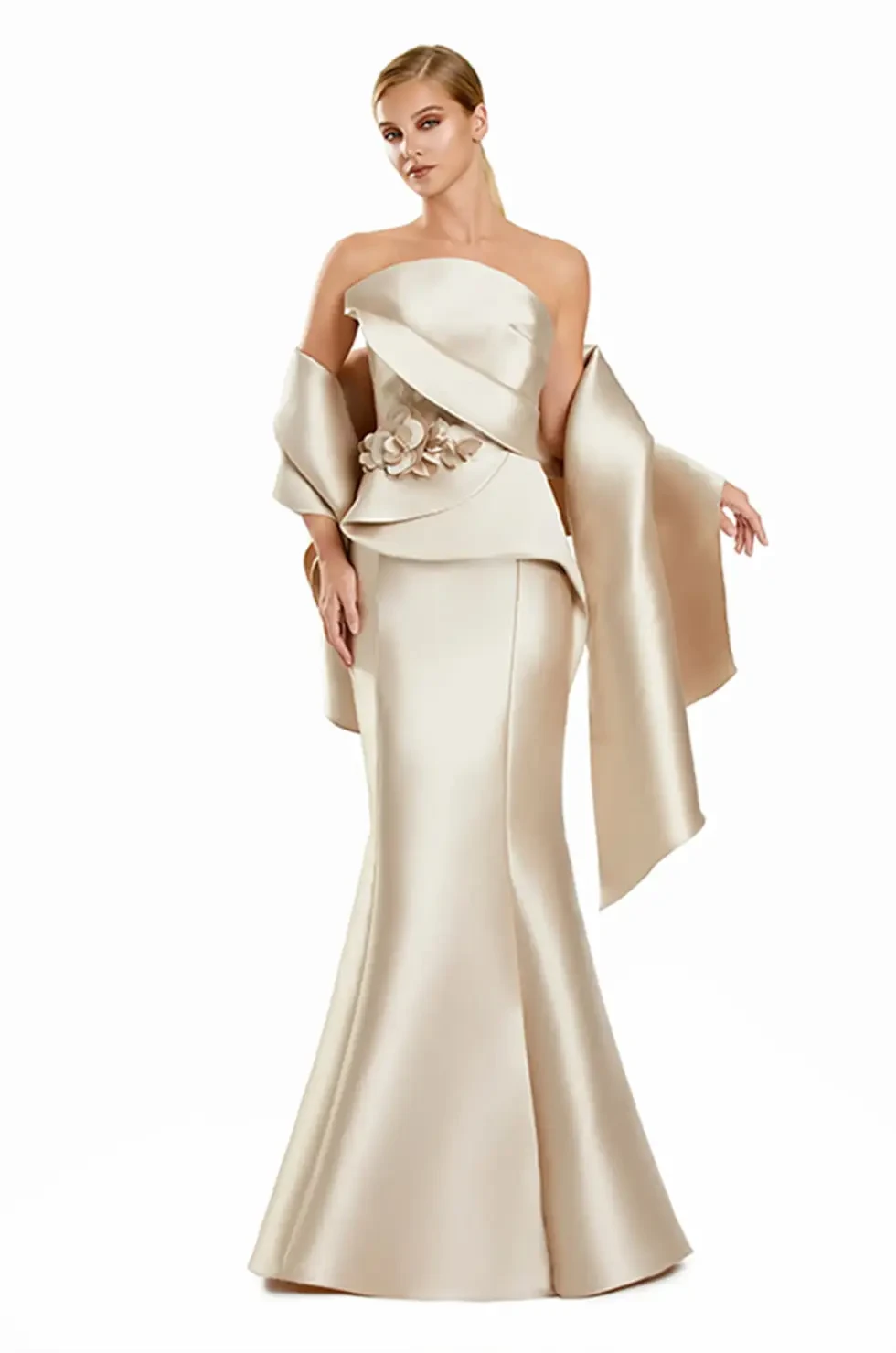 Model wearing a mother of the bride dress